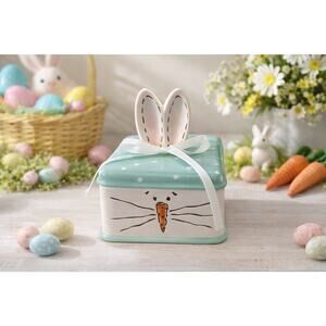 Potter’s Studio Easter Bunny Ceramic Trinket Box w/ Lid Ears Polka Dot